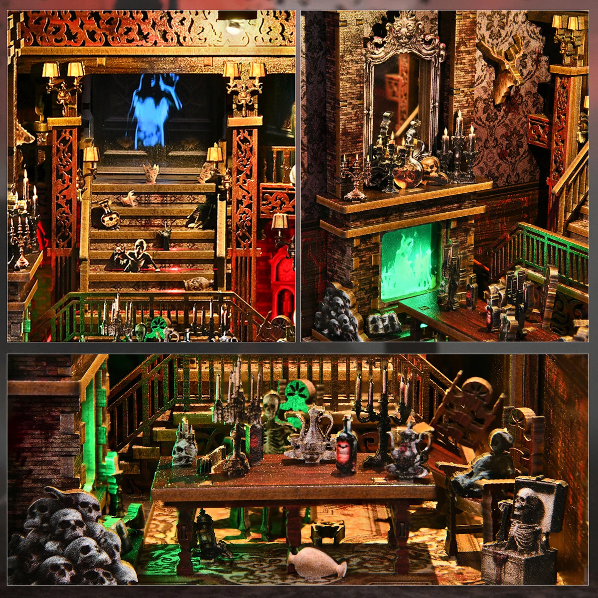 A detailed diorama kit of a haunted hotel interior featuring dark wood, ornate details, and glowing green accents.