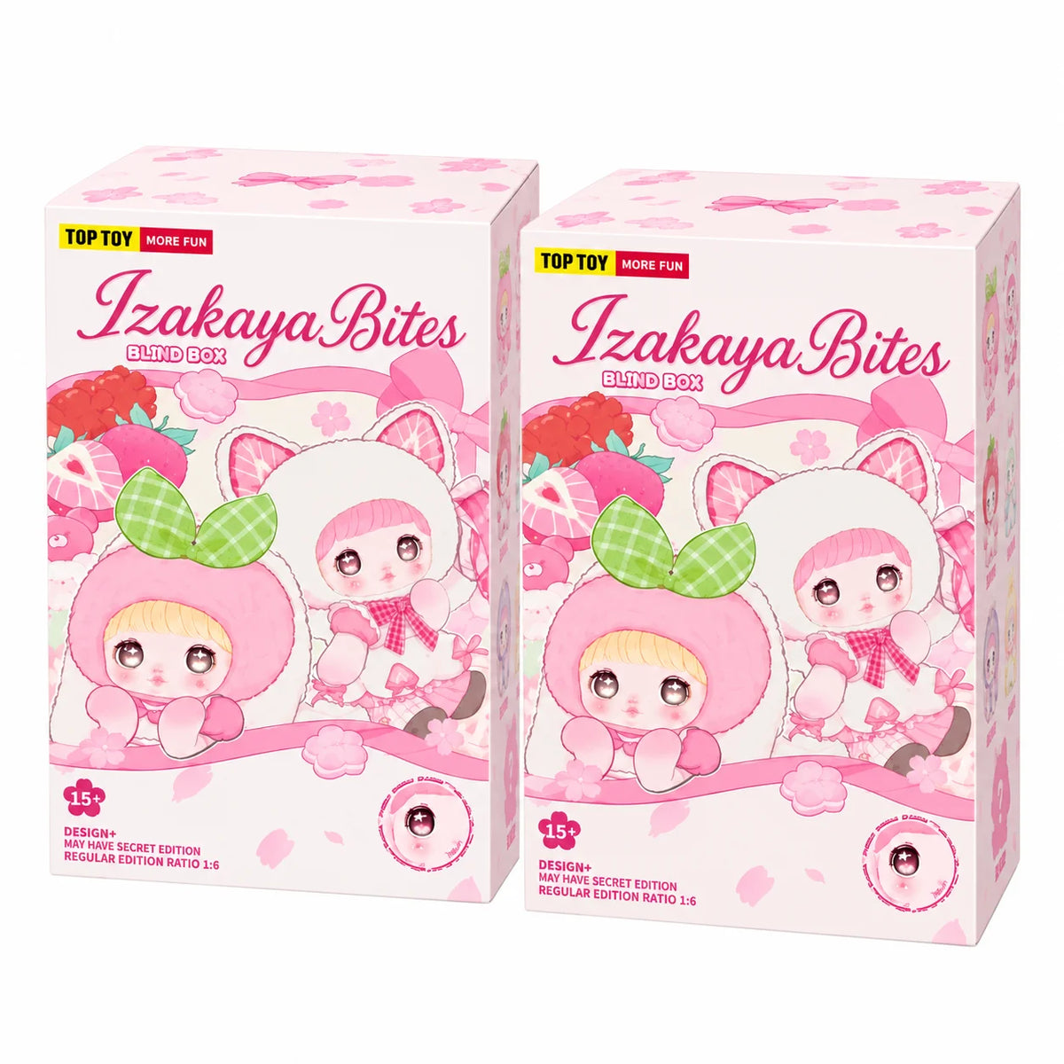 A pink and white blind box featuring Izakaya Bites plush toys with accessories.