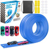 A blue flexible racing track for toy cars with suction cups and a black storage bag.