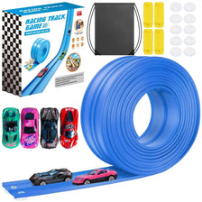 A blue flexible racing track for toy cars with suction cups and a black storage bag.