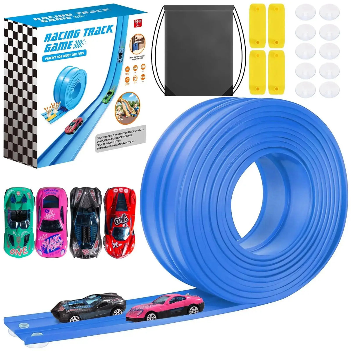 A blue flexible racing track for toy cars with suction cups and a black storage bag.