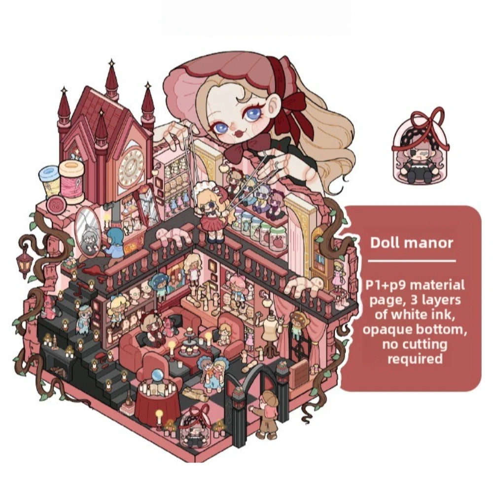 A detailed illustration of a doll manor scene featuring characters and architecture for a sticker book.