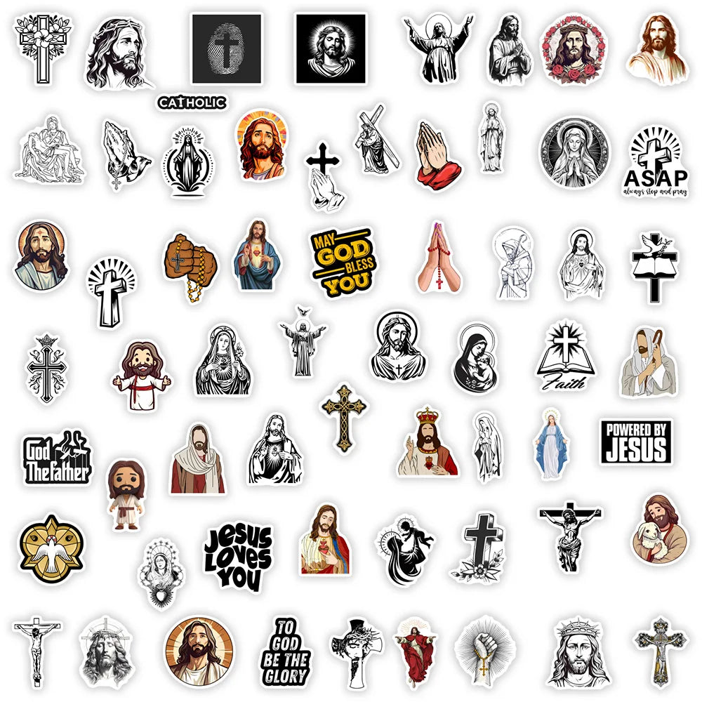 A collection of various Christian faith stickers featuring religious figures, symbols, and sayings.