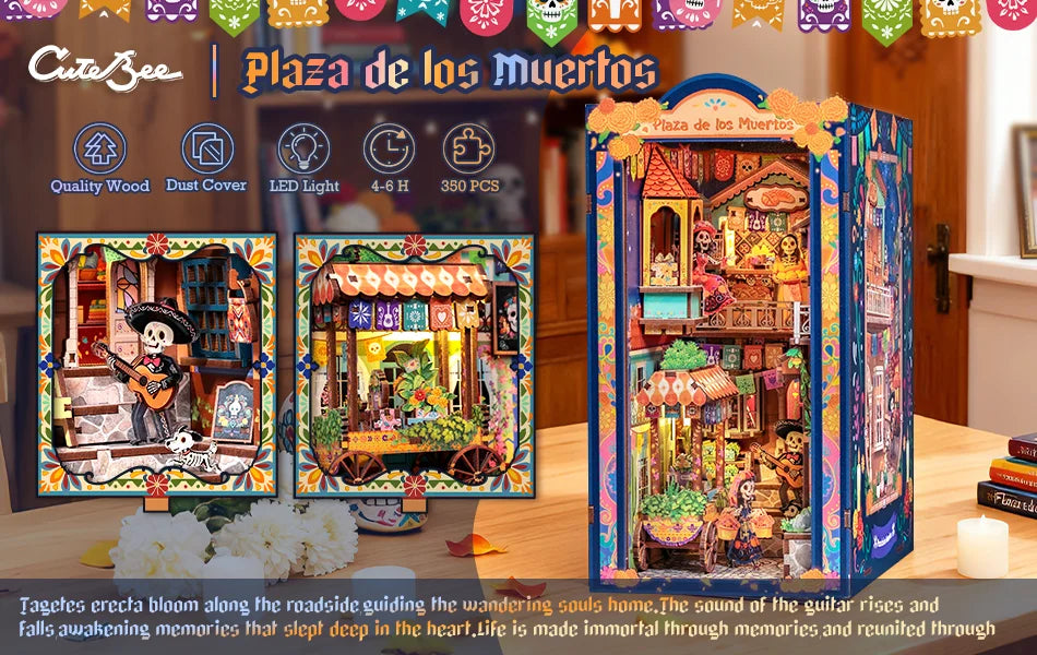 A colorful 3D wooden book nook kit featuring a detailed diorama with LED lighting and miniature scenes.