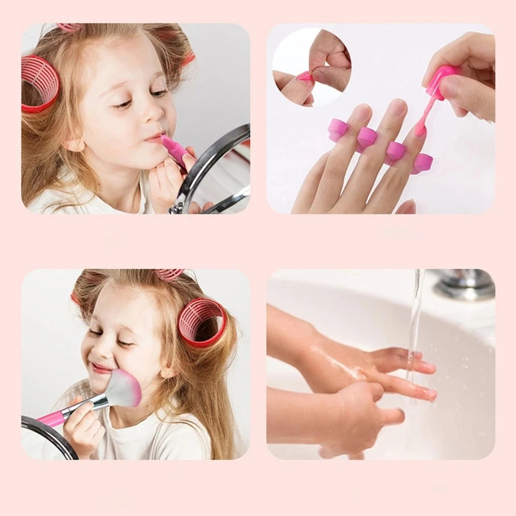A set of pink and purple pretend play makeup tools being used by a young girl for practice.
