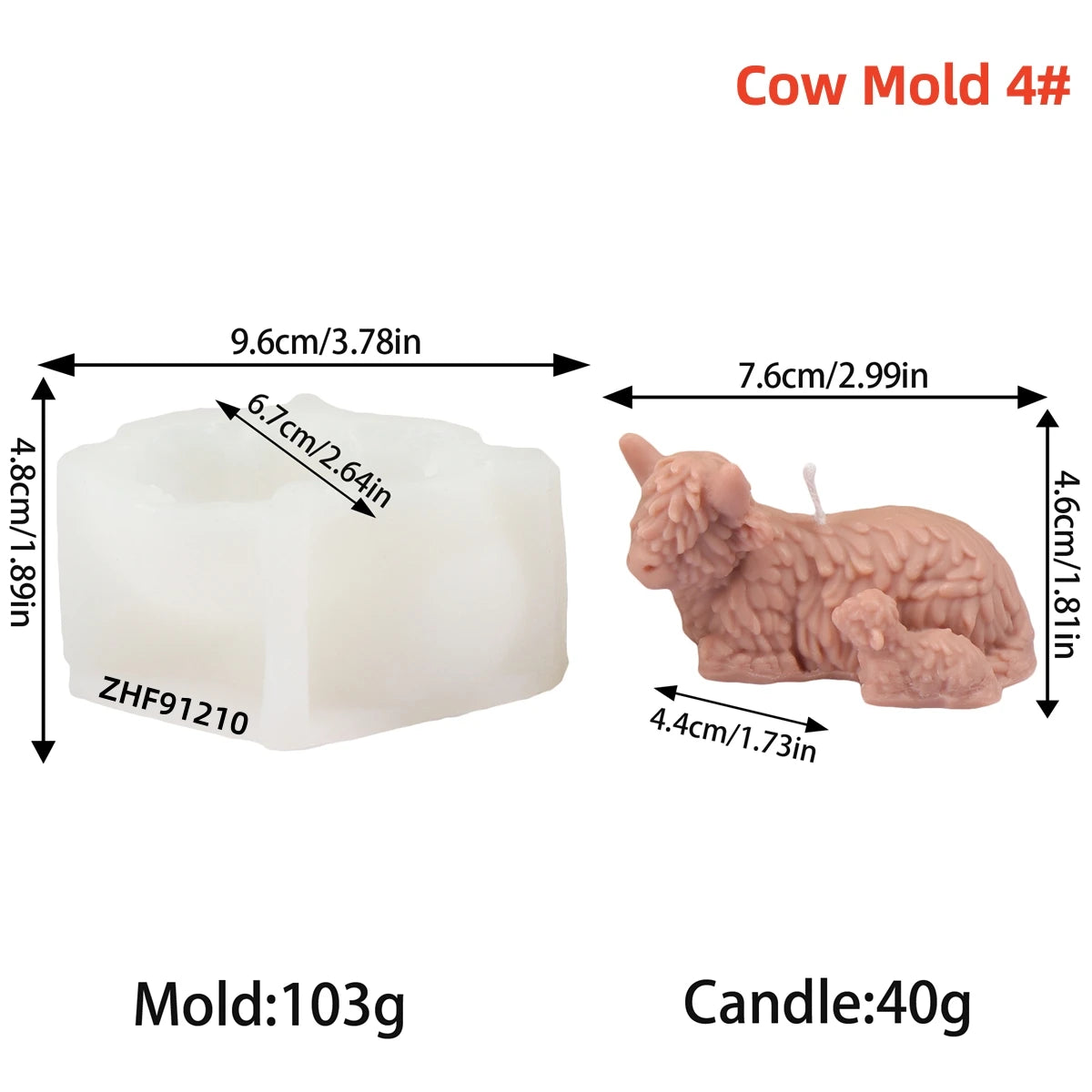 A white silicone mold for a cow candle, next to a finished pink cow candle.