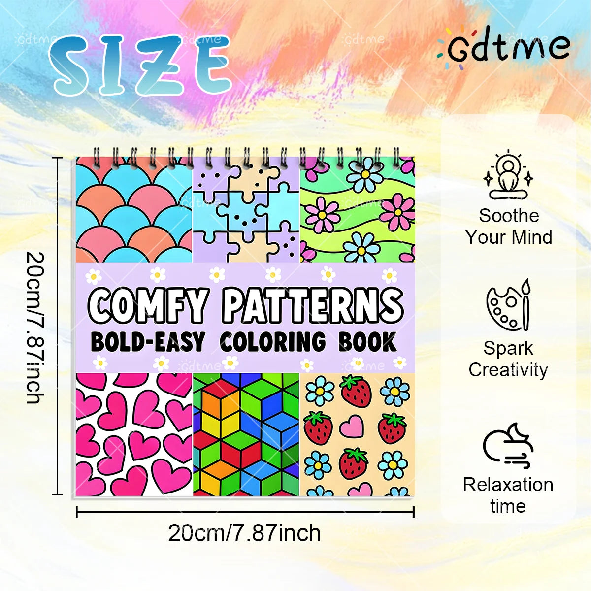 A colorful adult coloring book featuring comfy patterns with bold easy coloring designs for relaxation and creativity.