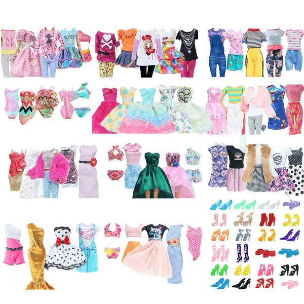 Eine Kollektion von Modepuppenoutfits mit Kleidern, Tops und Accessoires in leuchtenden Farben und Mustern.
