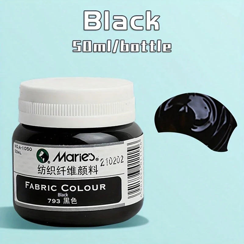 A black bottle of Marie's fabric colour paint, 50ml per bottle, with a black applicator tip.