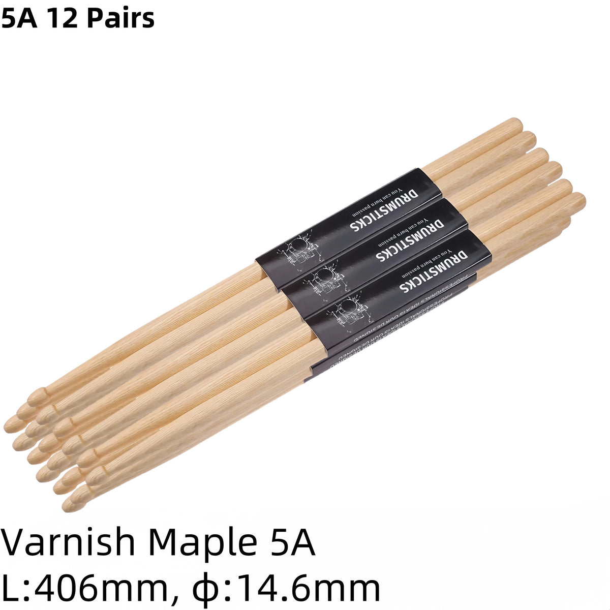 A set of 12 pairs of varnish maple drumsticks, measuring 406mm long and 14.6mm in diameter.