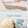 Close-up of a reusable waterproof baby wet bag featuring a pink and white palm leaf print.