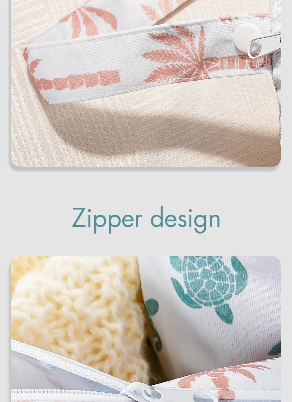 Close-up of a reusable waterproof baby wet bag featuring a pink and white palm leaf print.