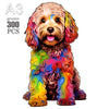 A colorful, textured illustration of a puppy dog head and body designed for a jigsaw puzzle.