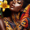 A portrait of a woman with dark skin featuring intricate gold and orange floral patterns, painted on a canvas.
