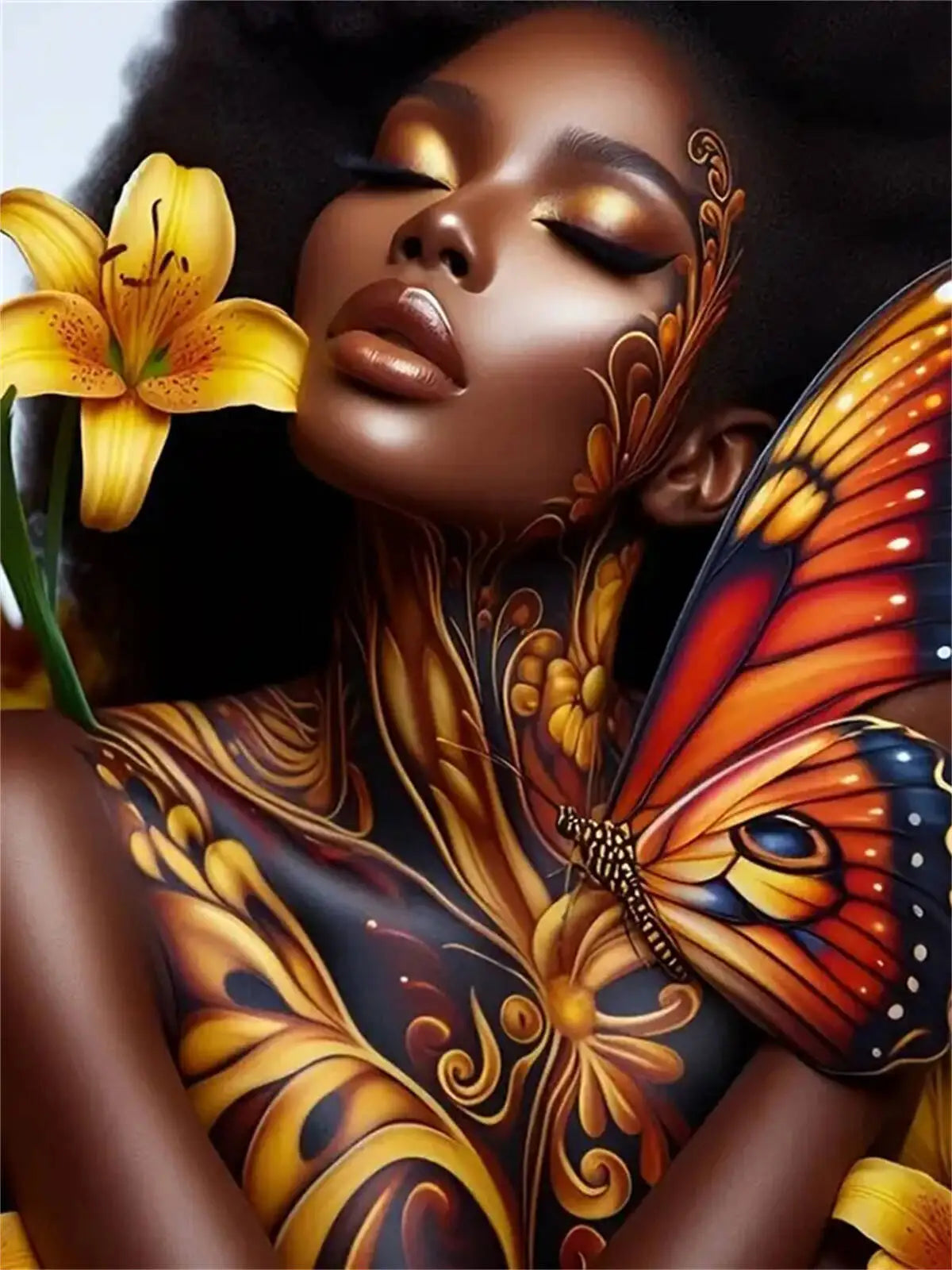 A portrait of a woman with dark skin featuring intricate gold and orange floral patterns, painted on a canvas.