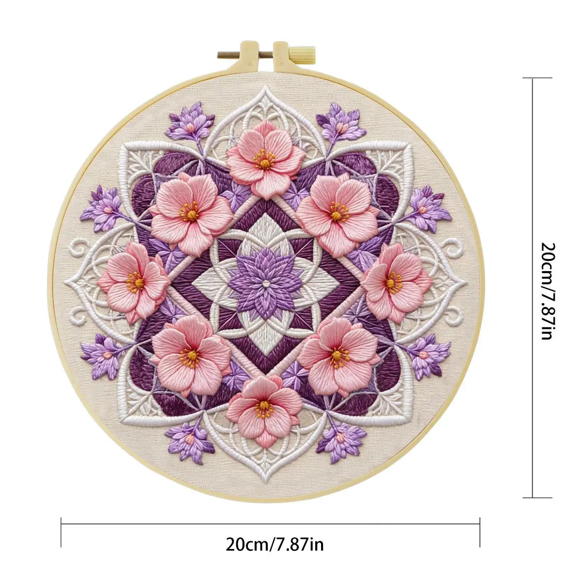 Flower embroidery starter kit featuring pink and purple floral designs on a beige fabric