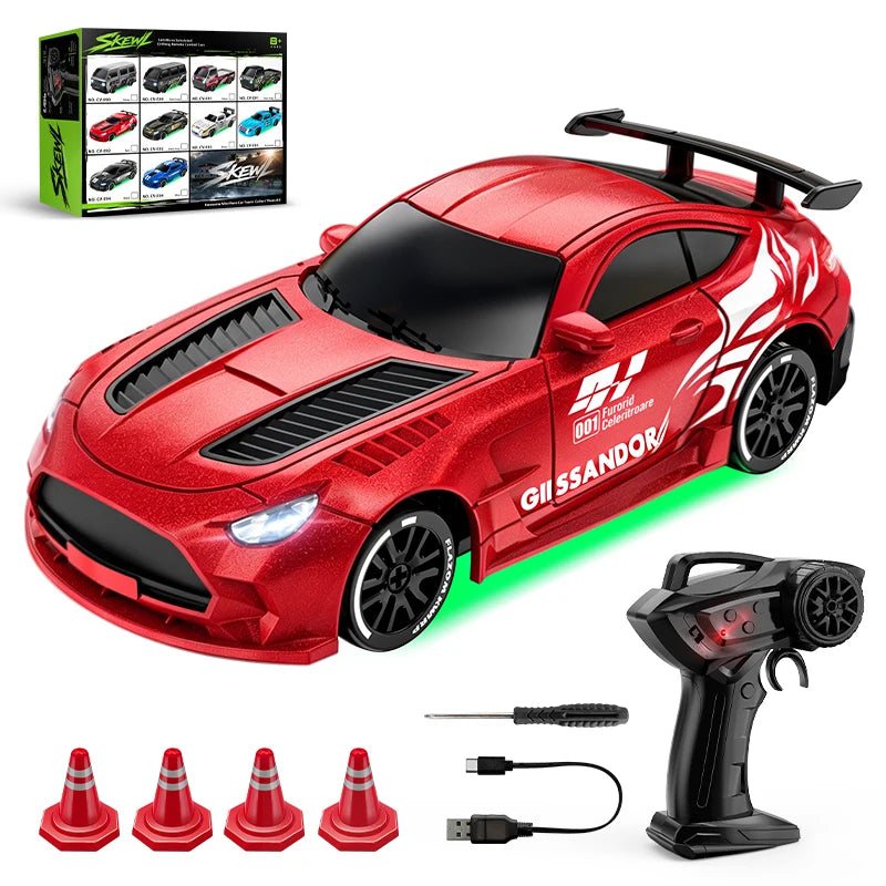 Modèle de voiture de course de dérapage rouge 1:64 avec accents noirs et un outil noir.