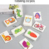 A box containing 16 patterns totaling 32 pieces of animal matching cards for a cognitive puzzle game.