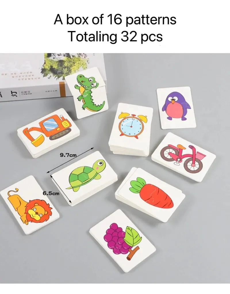 A box containing 16 patterns totaling 32 pieces of animal matching cards for a cognitive puzzle game.