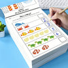 A hand is writing on a preschool math workbook that shows various animals for counting and number tracing exercises.