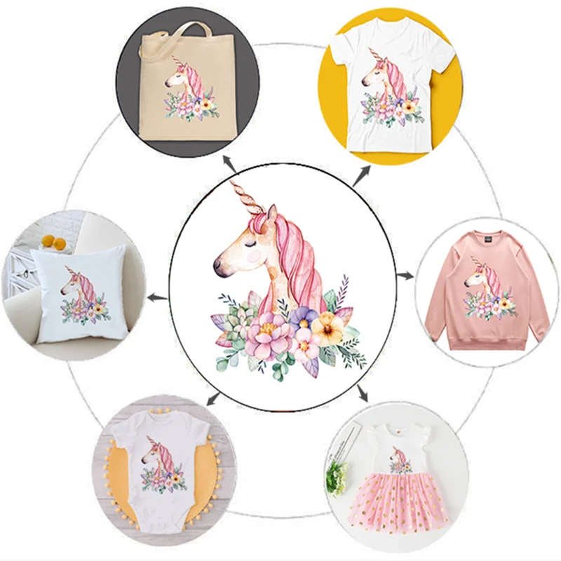 A collection of customizable iron-on faith transfers featuring a unicorn and floral designs on various clothing items and bag