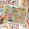 A collection of stickers featuring miniature supermarket and convenience store scenes on a transparent sheet.