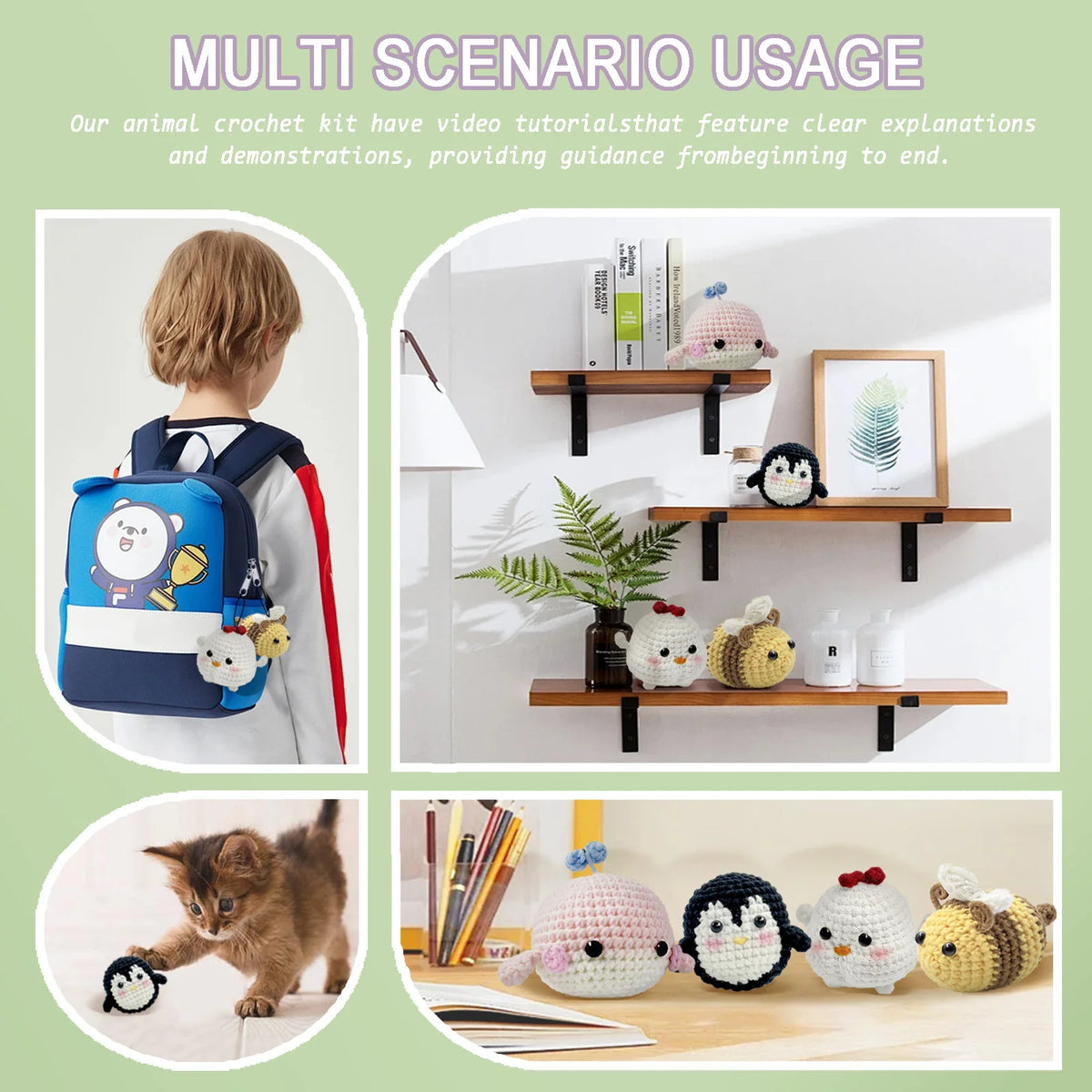 A multi-scenario usage image showing an animal crochet kit with various finished crocheted animals and a child using the kit.