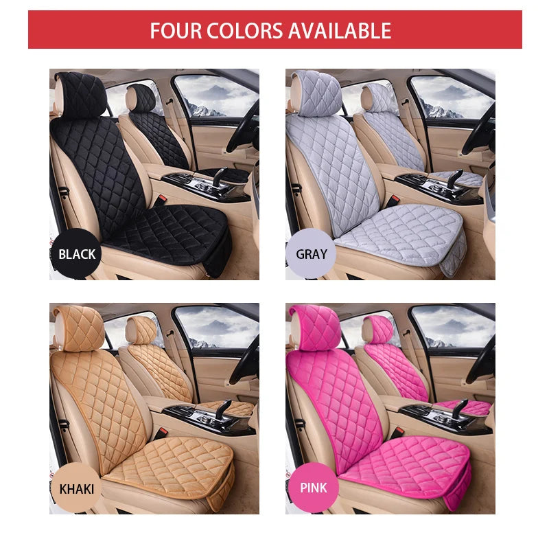 Four colors of a universal car seat protector with plush anti-slip backing shown in black, gray, khaki, and pink.