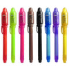 A set of seven invisible ink spy pens in various colors, including red, green, pink, and yellow, with UV light context.