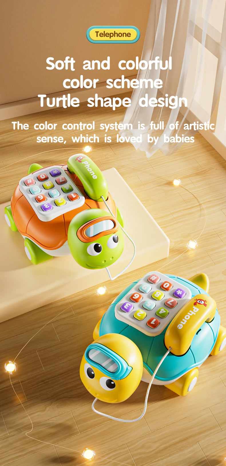 A soft and colorful turtle shape design toy featuring a phone for babies.