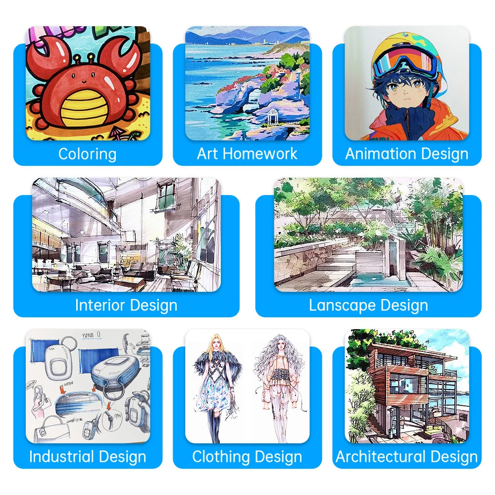 A collection of art design concepts including coloring, art homework, animation design, interior design, landscape design, in