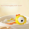 A yellow newborn sensory rattle toy is shown floating in water, with text instructing to wash thoroughly.