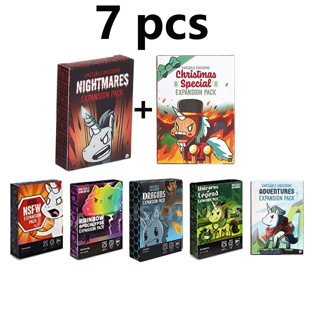 A collection of seven expansion packs for the Dungeon Mayhem Monster Madness card game featuring various monster themes.