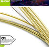 Close-up view of gold-colored acoustic guitar strings showing a single layer nano coating detail.