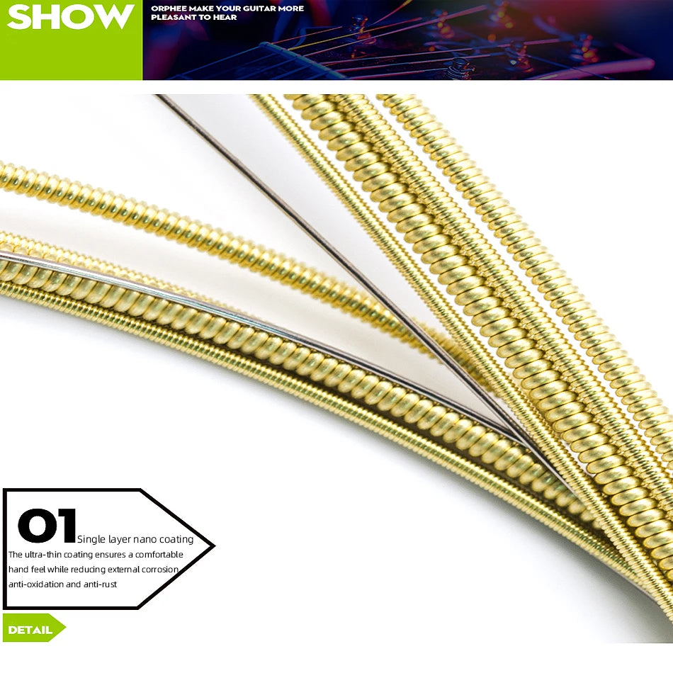 Close-up view of gold-colored acoustic guitar strings showing a single layer nano coating detail.