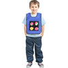A young boy wearing a blue vest with colored circles for a sticky dodgeball game