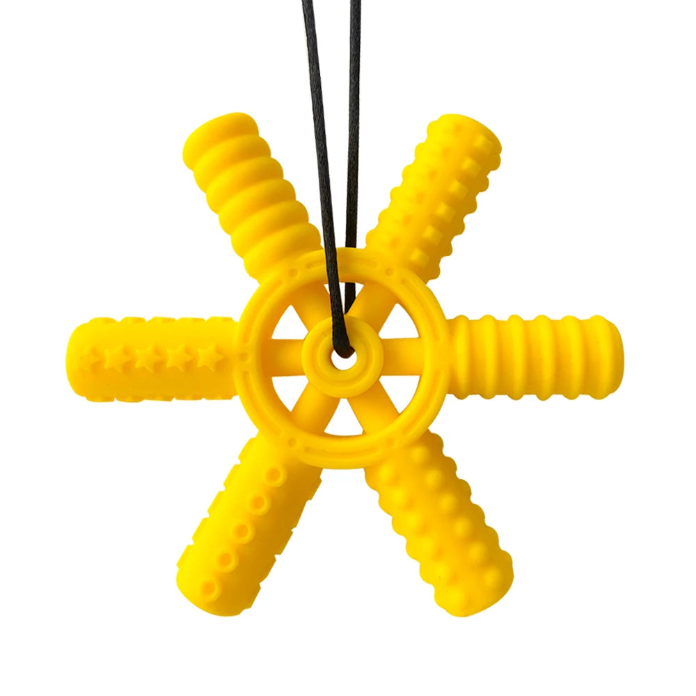 Yellow silicone steering wheel teether with black string for babies and toddlers