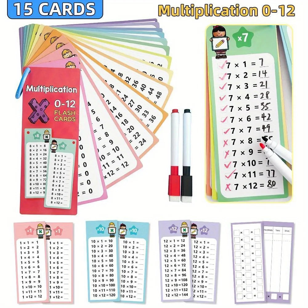 A set of multiplication flash cards from 0 to 12 for kids, including various practice sheets and a multiplication chart.