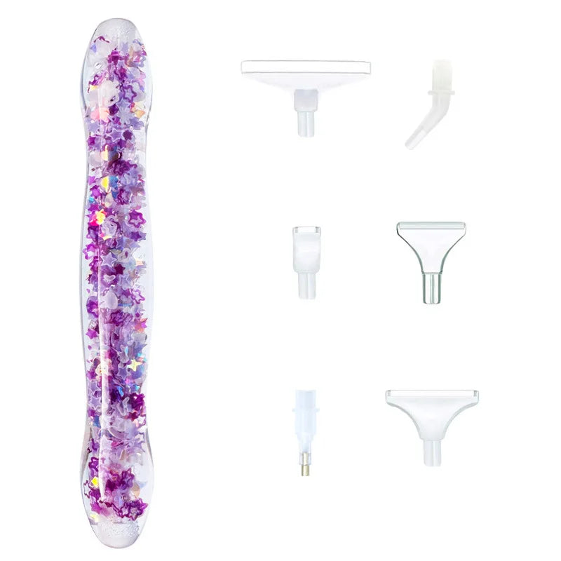 Glow-in-the-dark diamond painting pen with six interchangeable tips displayed in various forms.