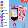 Pink kids' touchscreen phone with decorative stickers and a lanyard, shown next to various app icons.