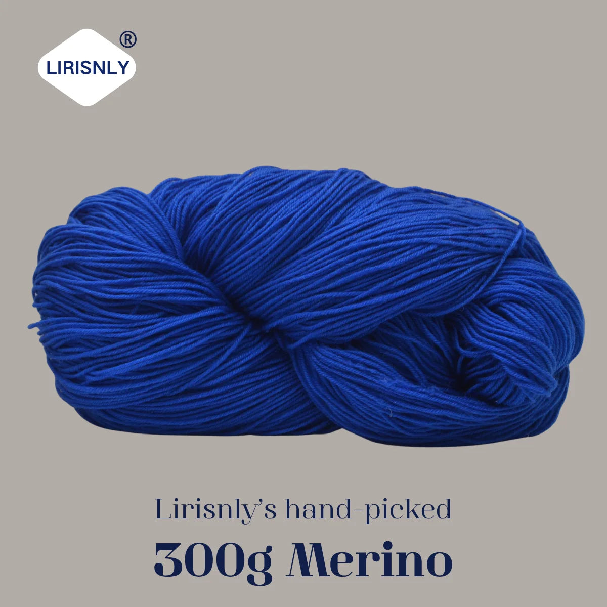 A ball of deep blue Merino wool yarn labeled as Lirisnly's hand-picked 300g Merino.