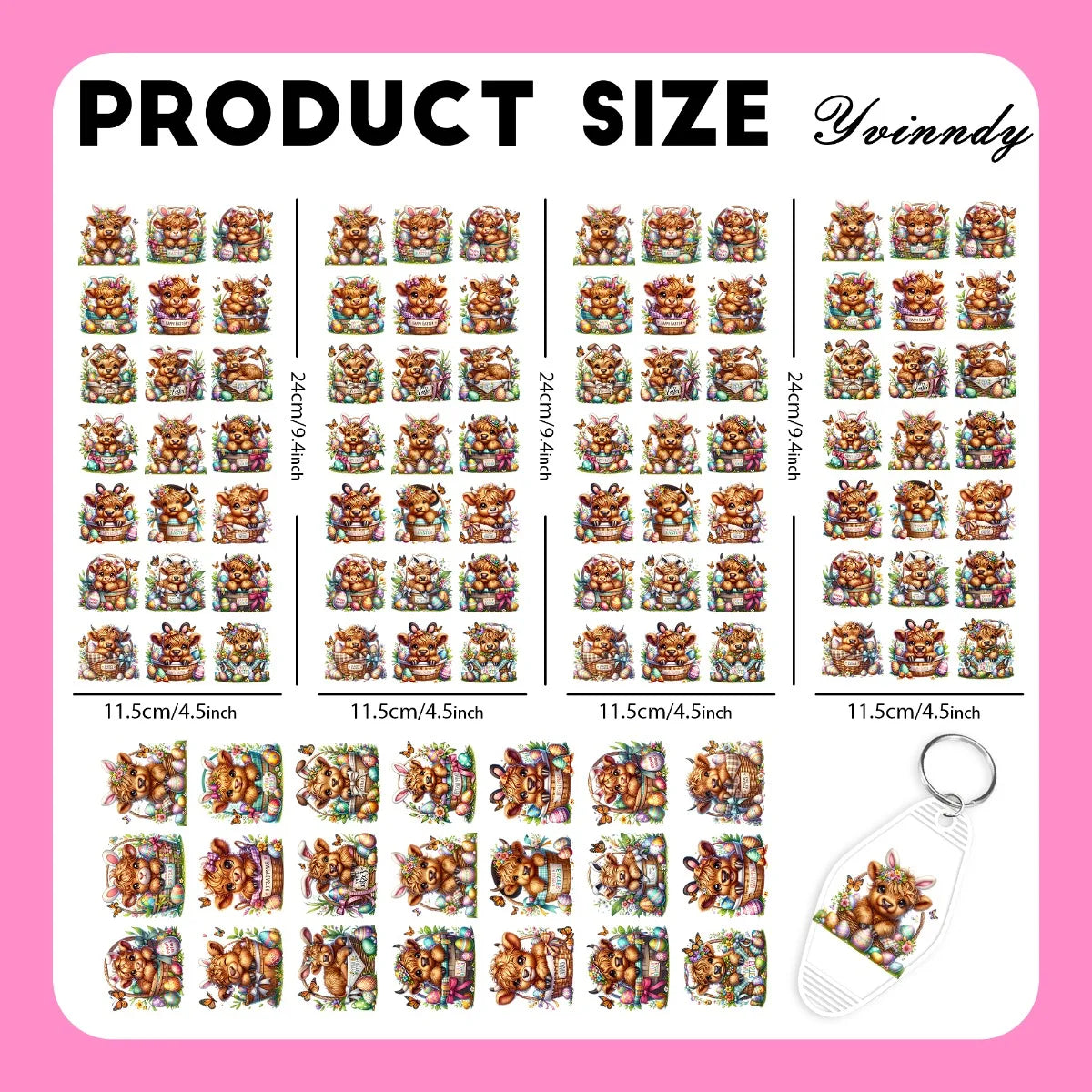 A grid of 105 UV DTF transfer stickers featuring Highland cattle designs in various colors and styles.