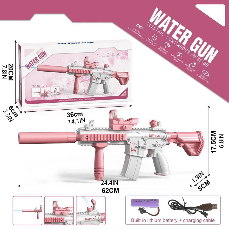 A pink electric water gun toy rifle with a long barrel and stock, shown next to its packaging and battery details.