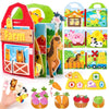A set of farm animal felt busy books and sensory play items for toddlers featuring various animals like a pig, horse, and duc