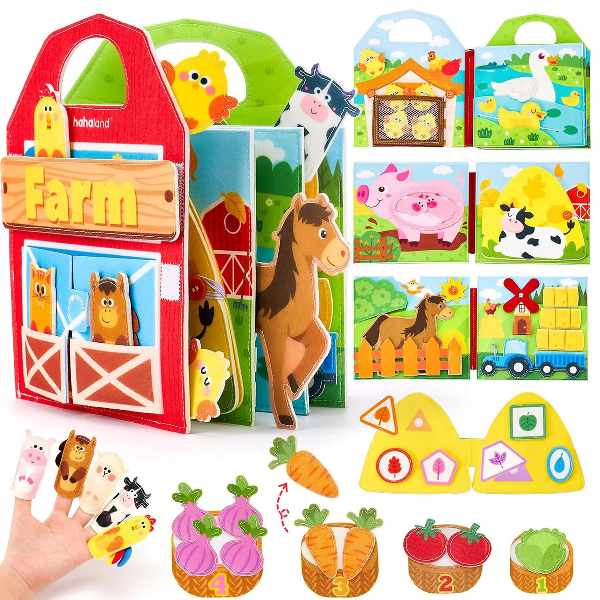 A set of farm animal felt busy books and sensory play items for toddlers featuring various animals like a pig, horse, and duc