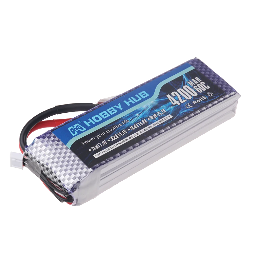 A pack of 4200mAh LiPo battery cells for hobby use with safety warnings