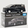 A black Tomica Toyota Alphard die-cast model car displayed in its packaging box.