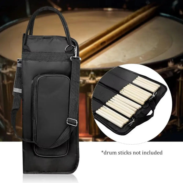 A black Oxford cloth percussion drum stick bag hanging on a stand with a close-up view of the included drum sticks.