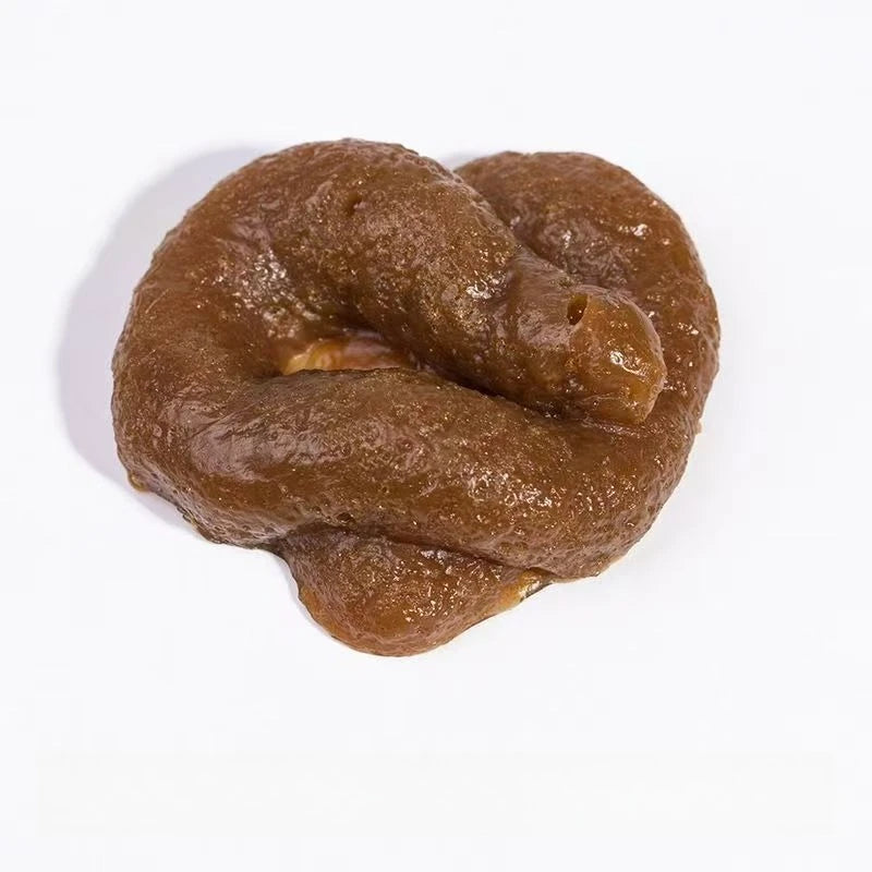 A realistic squishy prank toy shaped like soft fake poop, brown and textured.