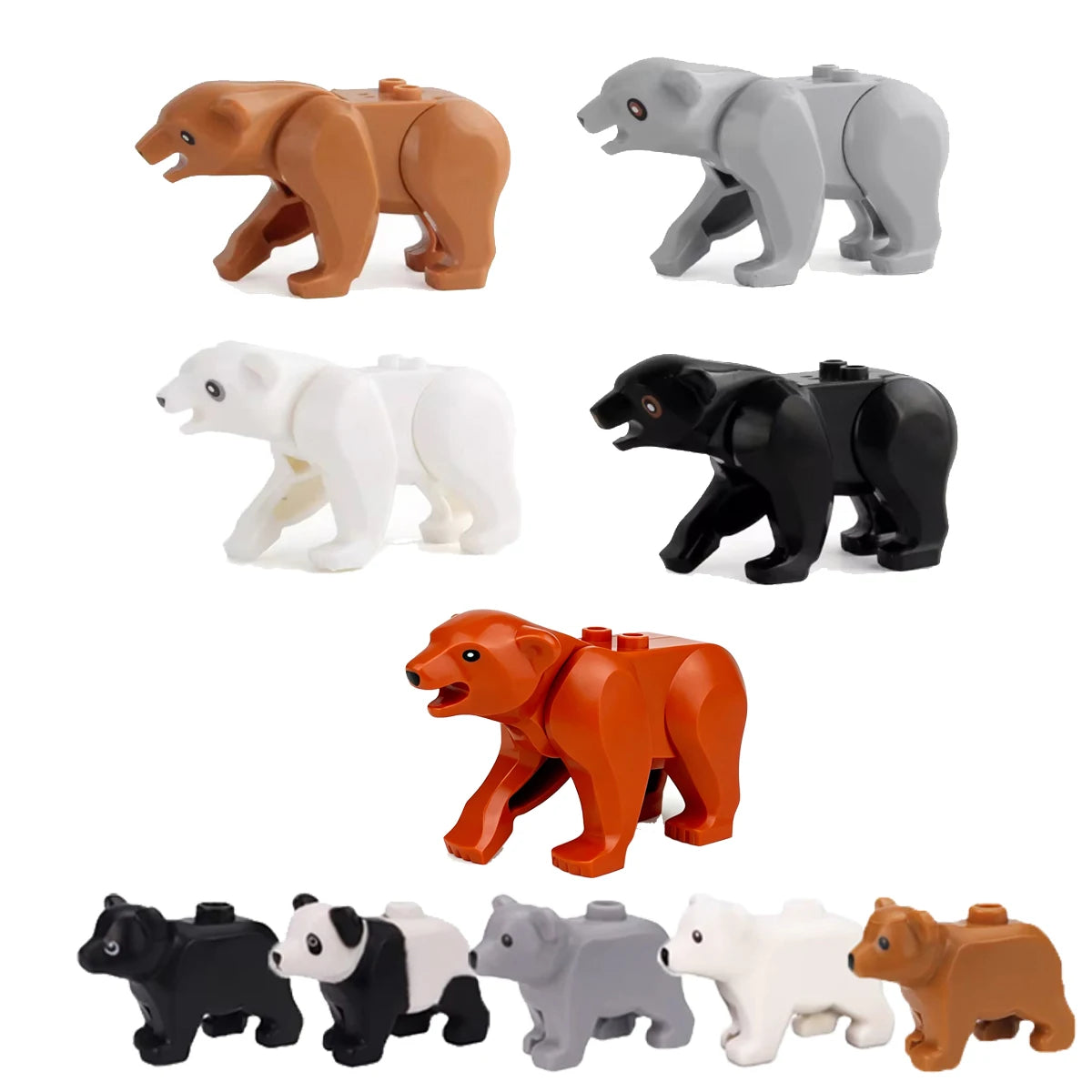 A set of six African wildlife animal building blocks in various colors including brown, gray, white, black, and orange.
